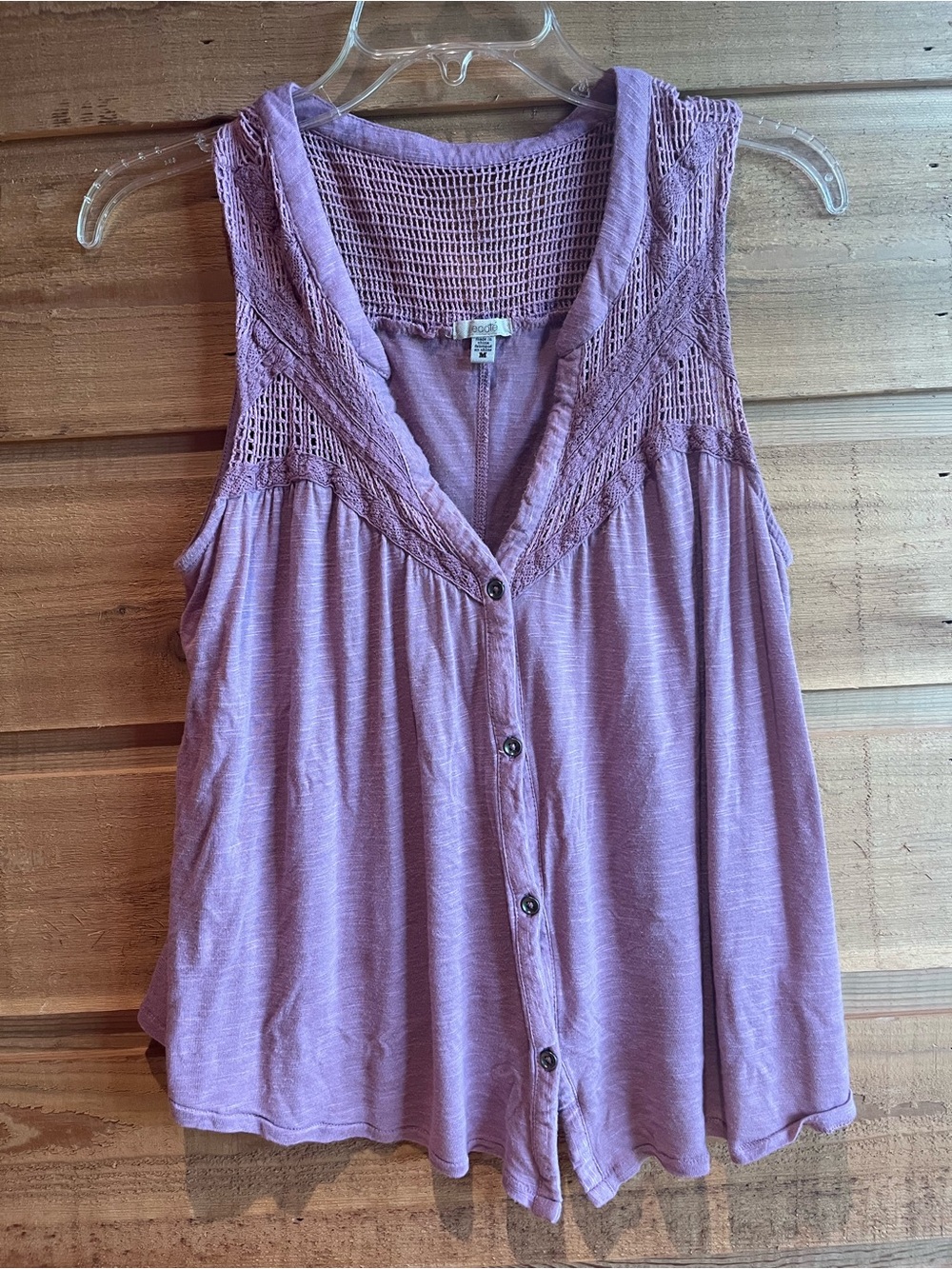 ECOTE - Sleeveless Lavender Button-Front Lace Yoke Top